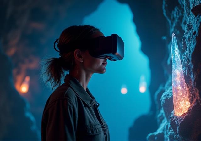 Un giocatore immerso nell'esplorazione di una miniera virtuale attraverso un visore VR, con grafiche dettagliate di formazioni rocciose