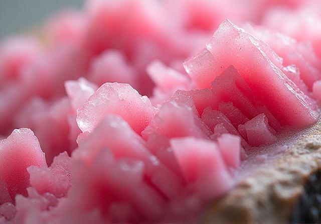 Primo piano mozzafiato di un raro esemplare di rodocrosite, con le sue caratteristiche bande rosa intenso e bianche