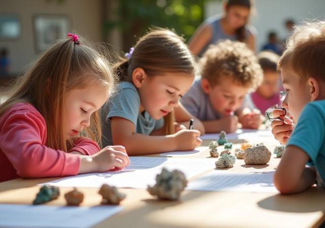 Bambini entusiasti e concentrati durante un workshop di identificazione gemme, con sguardi curiosi verso i minerali esposti